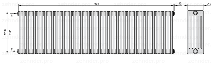Схема (чертеж) Радиатор Zehnder Charleston 6120/43 №1270 Белый глянцевый RAL 9016